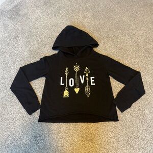 Justice Black Crop Hoodie with Gold Love Arrow Design. Girl size 10